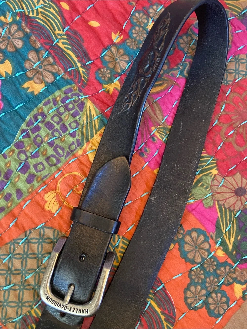 Harley-Davidson Black Leather Belt with Flaming Skull Embossed Detail 40w